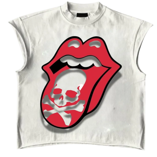 White sleeveless top with Rolling Stones logo on a white background
